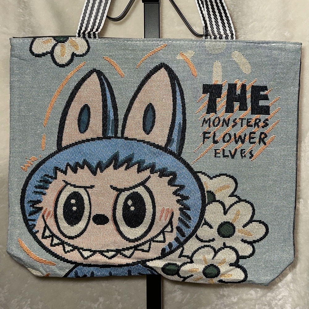 Blue Labubu Monster Flower Tote Bag